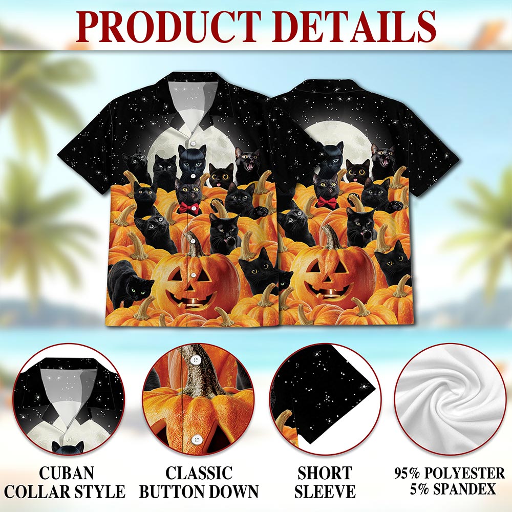 Netecom Cute Black Cat Pumpkin Hawaiian Shirt for Men, Halloween Present, Animal Button Down Summer Beach Shirts, S-5XL