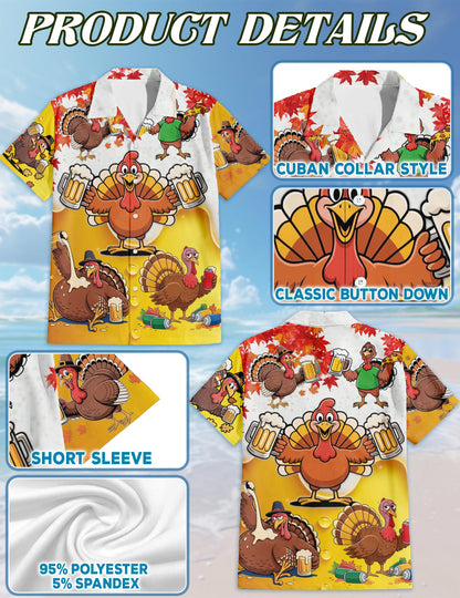 Netecom Funny Drunk Turkey Thanksgiving Hawaiian Shirt, Beer and Pizza Cartoon Print Button Down Summer Beach Shirts, S-5XL