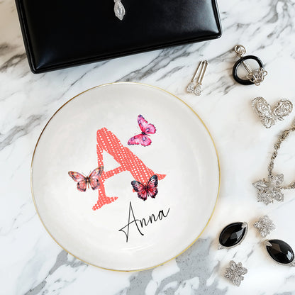 Netecom Personalized Ceramic Jewelry Tray with Initials and Floral Design, Ideal Gift for Weddings, Birthdays, or Family Occasions