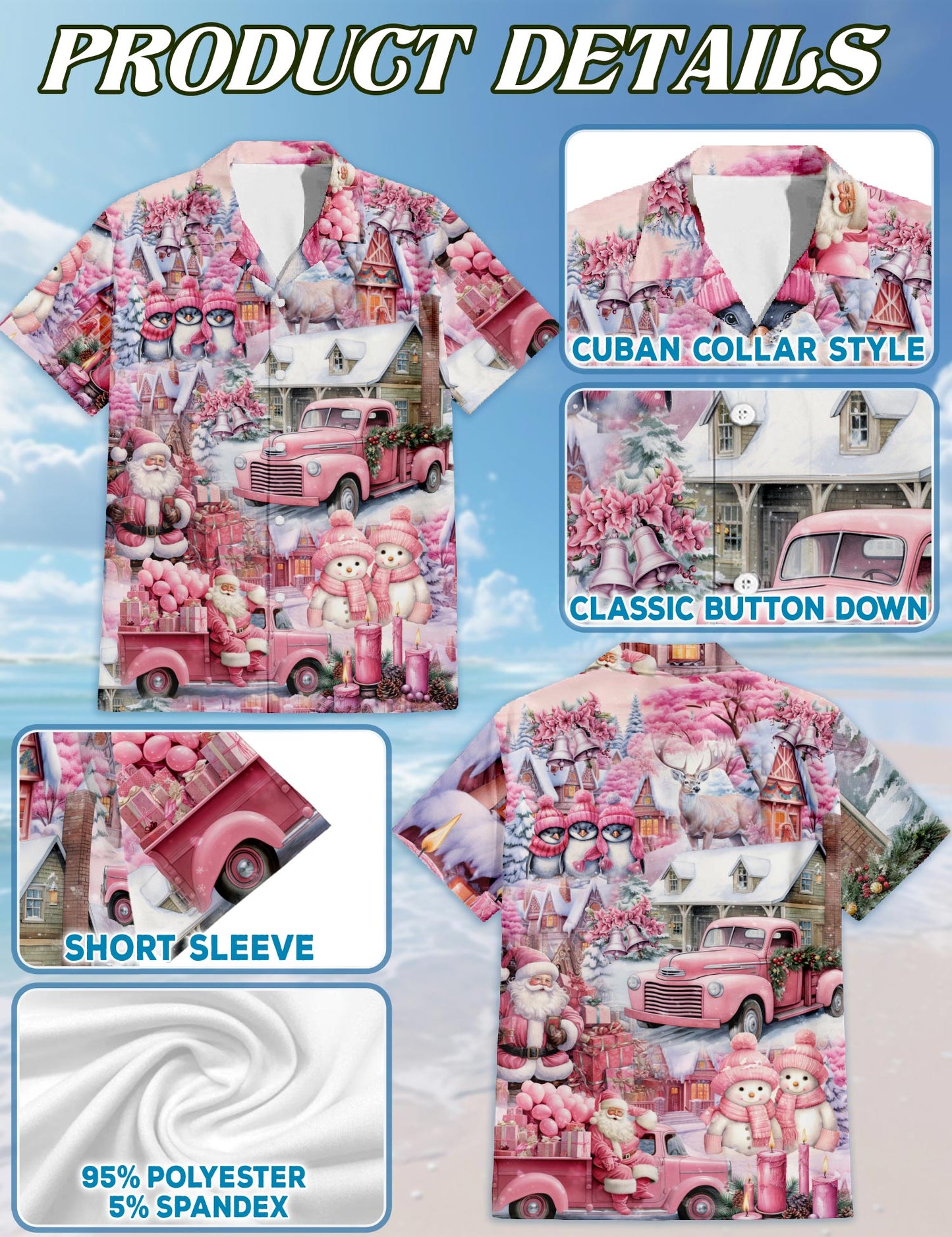 Netecom Pink Christmas Santa Claus Hawaiian Shirt for Men, Cute Holiday Village Print Button Down Summer Beach Shirt, S-5XL