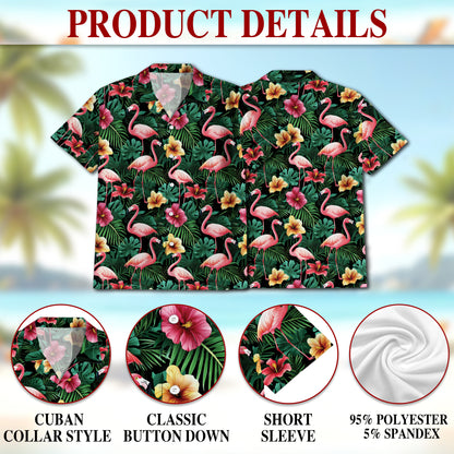 Netecom Flamingo Hibiscus Tropical Hawaiian Shirt for Men, Button Down Summer Beach Short Sleeve, Floral Style, Sizes S-5XL