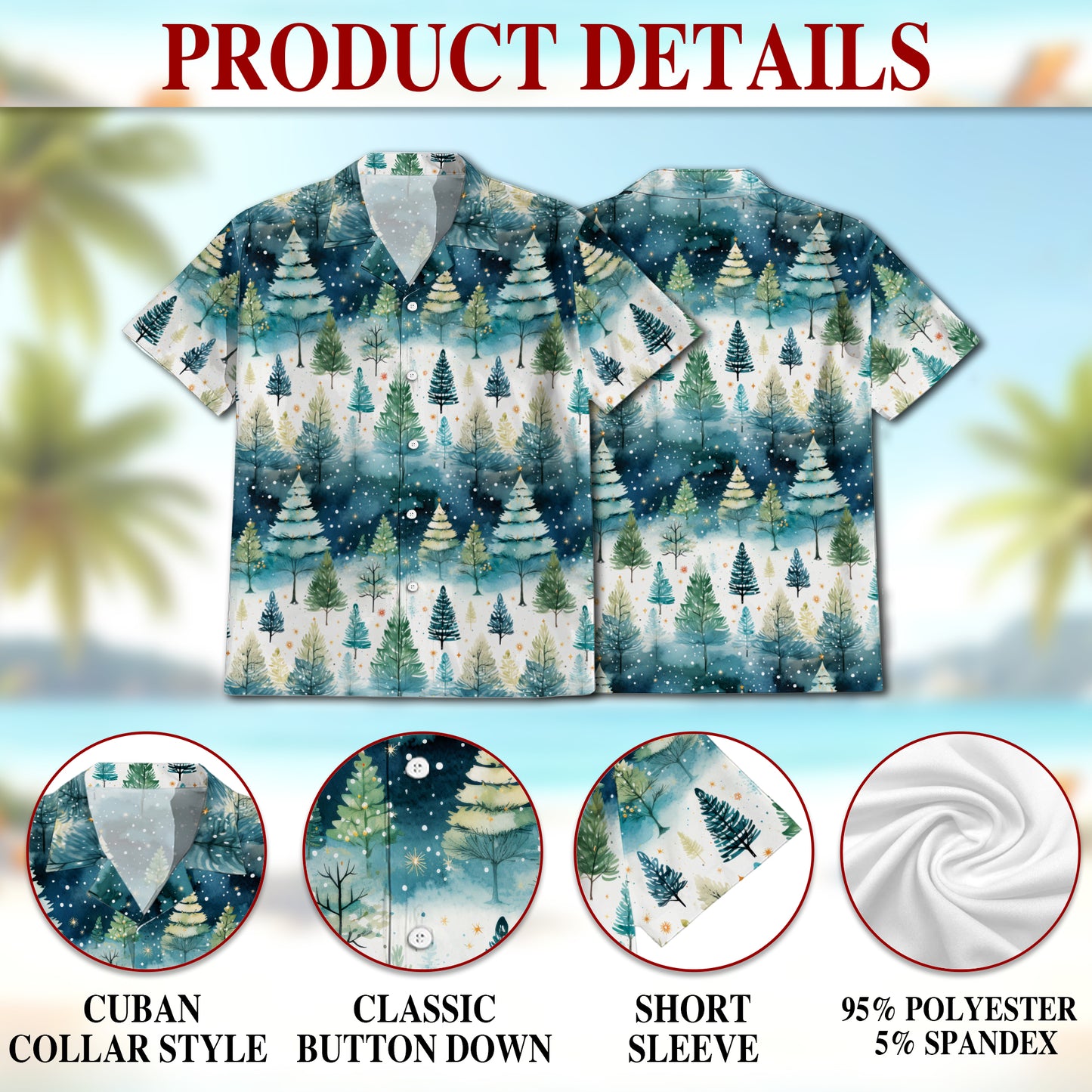 Netecom Christmas Tree Hawaiian Shirt for Men, Festive Holiday Pine Forest Button Down Summer Beach Short Sleeve Shirt