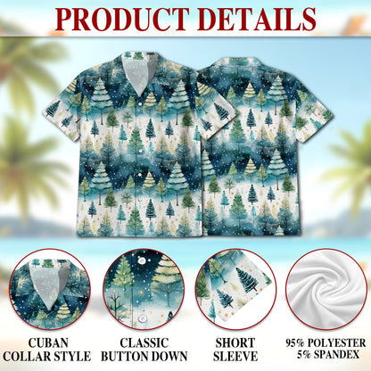 Netecom Christmas Tree Hawaiian Shirt for Men, Festive Holiday Pine Forest Button Down Summer Beach Short Sleeve Shirt