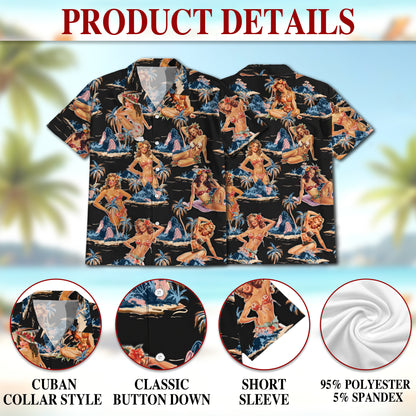 Netecom Tropical Pinup Girl Black Hawaiian Shirt for Men Women, Beautiful Girl Button Down Summer Beach Shirts