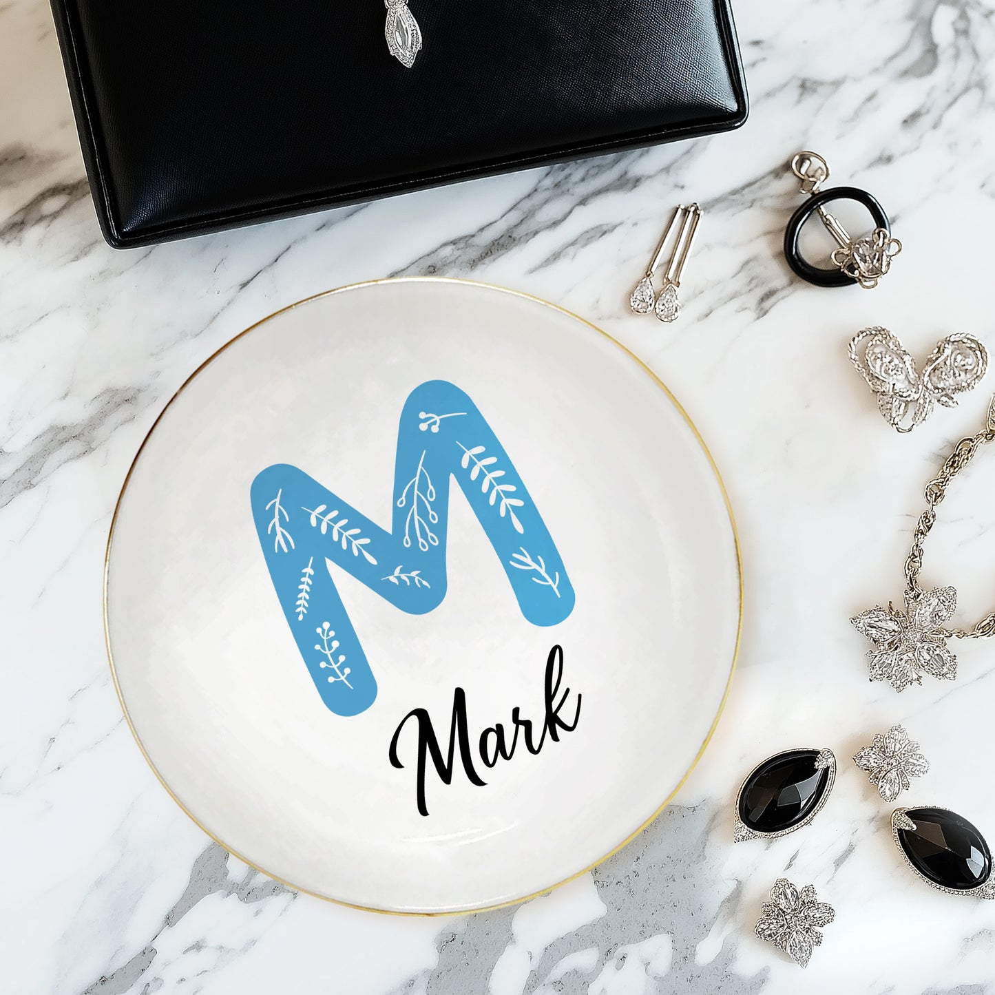 Netecom Custom Floral Jewelry Tray with Personalized Letter and Name, Elegant Ceramic Tray for Gifts and Home Decor