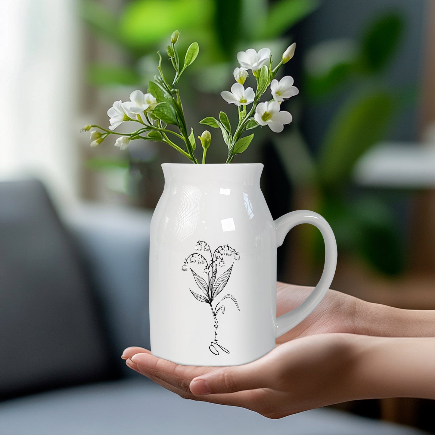 Netecom Personalized Birth Flower Ceramic Jug Vase with Custom Name, Elegant Home Decor Pitcher, Unique Gift for Birthday, Mother’s Day, or Christmas