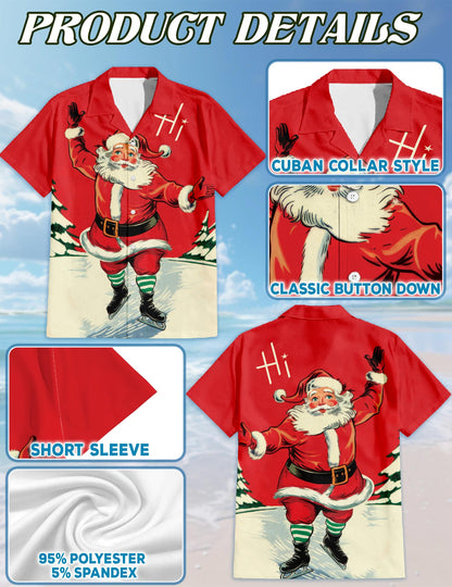 Netecom Vintage Ice Skating Santa Hawaiian Shirt for Men, Retro Old Fashion Christmas Button Down Summer Beach Shirt, S-5XL