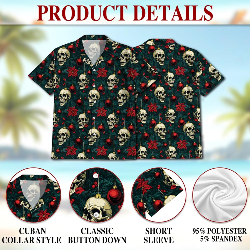 Netecom Skull Christmas Hawaiian Shirt for Men, Gothic Holiday Ornament Button Down Summer Beach Short Sleeve Shirts, S-5XL