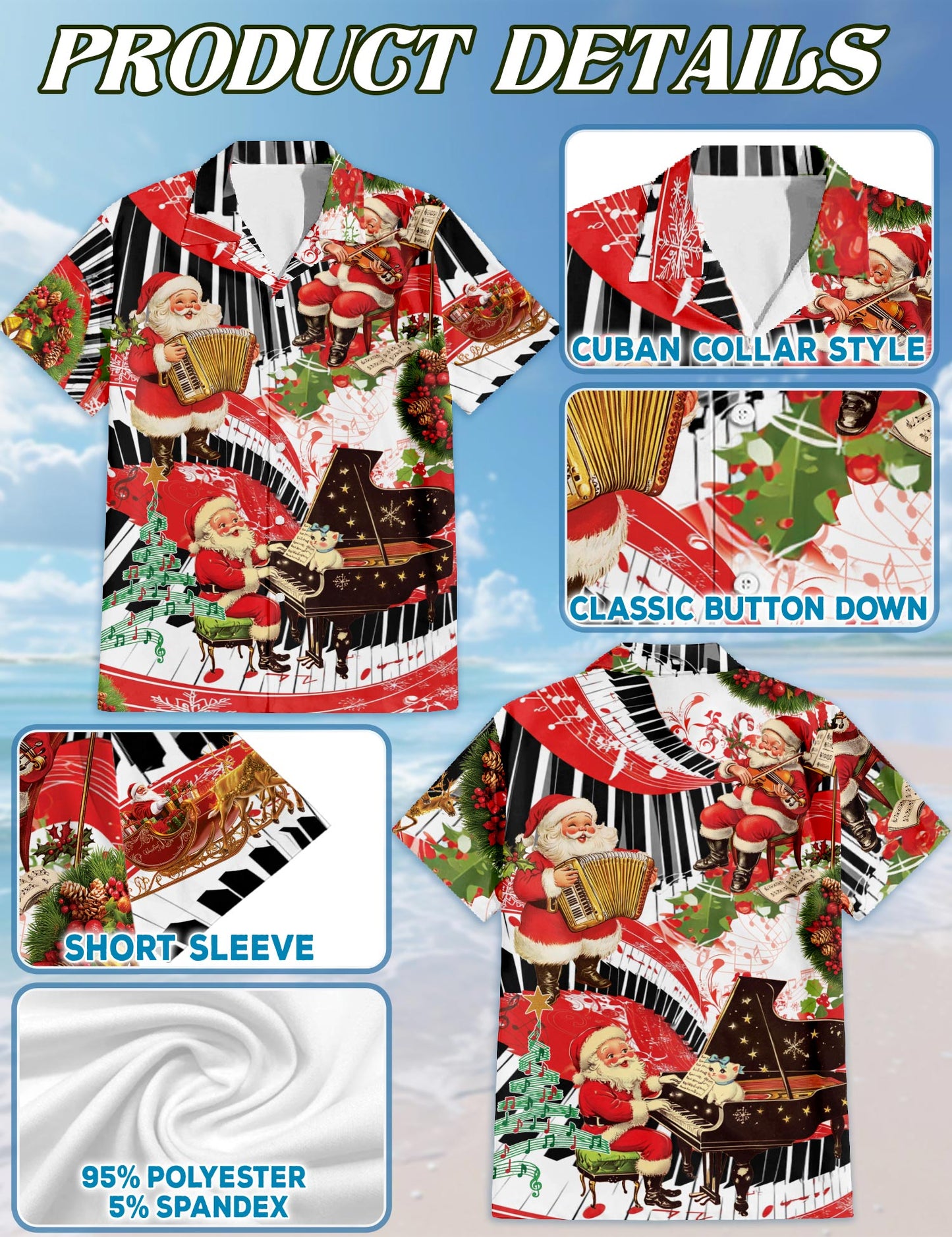 Netecom Santa Claus Playing Musical Instruments Hawaiian Shirt, Christmas Music Theme Button Down Short Sleeve Shirt, S-5XL