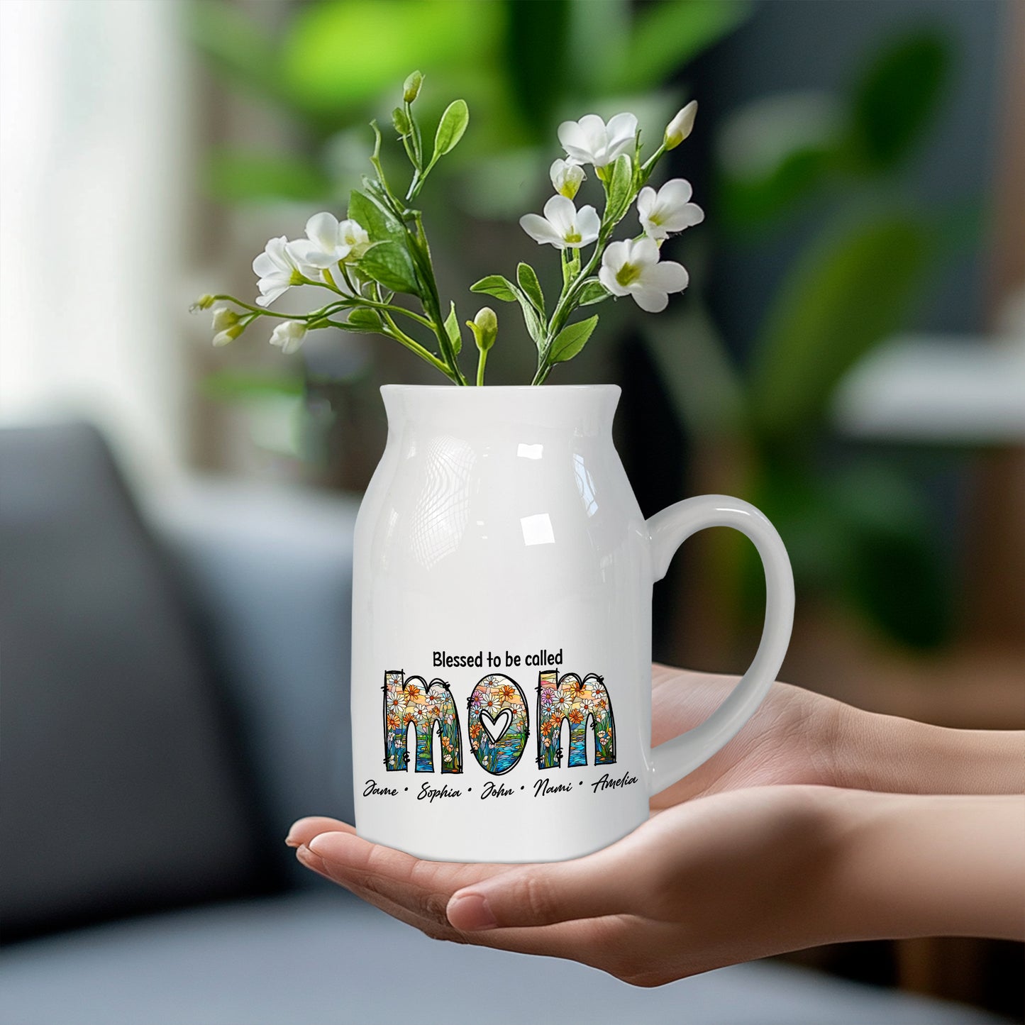 Netecom Custom Floral MOM Ceramic Pitcher, Personalized Name Vase, Perfect Gift for Mother’s Day, Birthday, or Holiday Decor