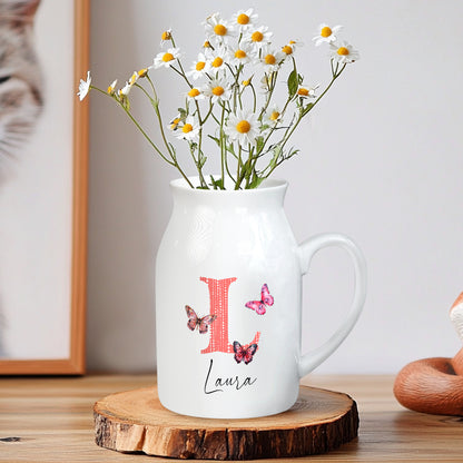 Netecom Custom Floral Initial Ceramic Jug Vase with Personalized Name, Stylish Farmhouse Gift for Birthday, Wedding, or Holiday Decor