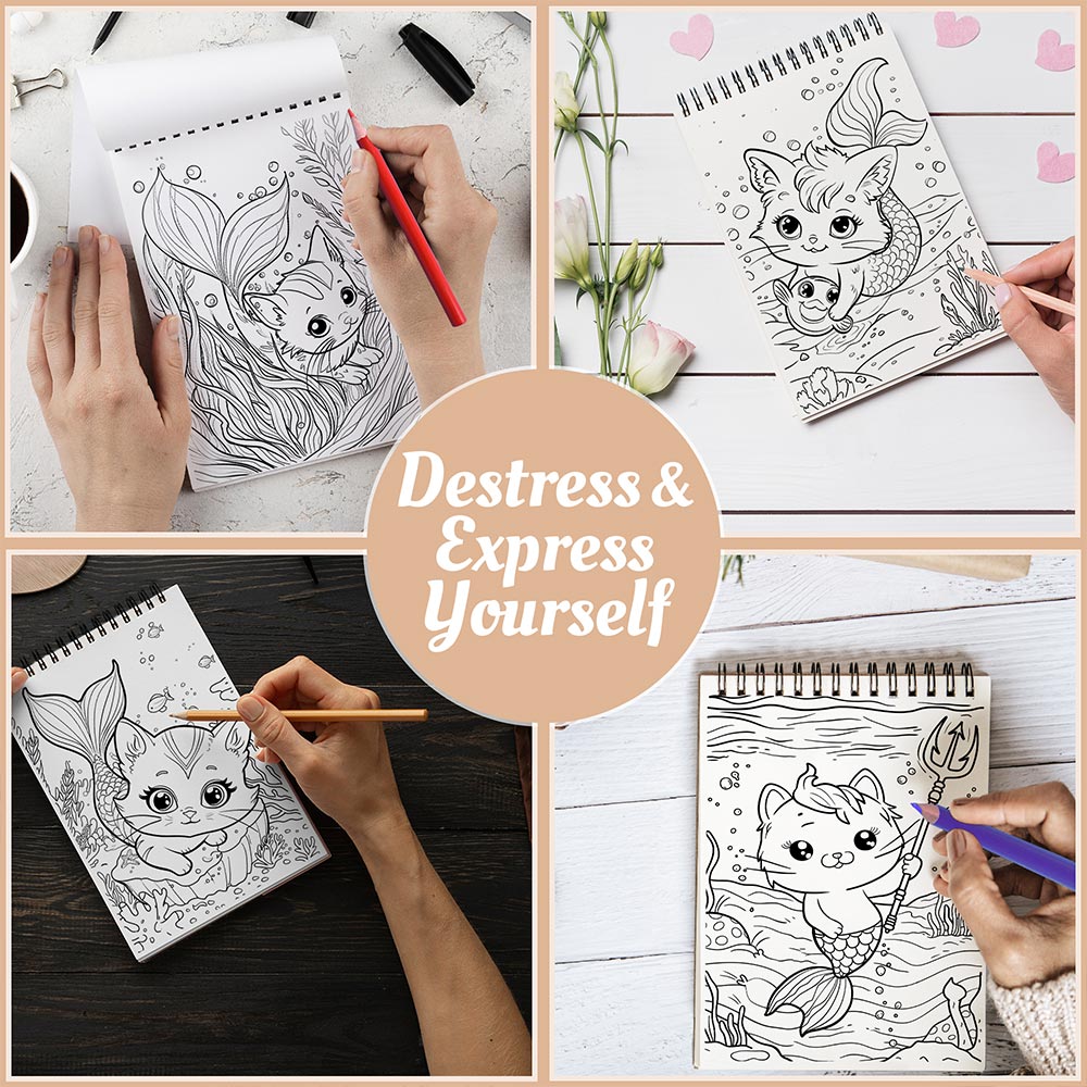 Netecom Mermaid Cat Coloring Book Spiral Bound for Adults, A5 Wooden Cover, 30 Adorable Coloring Pages of Magical Creatures for Stress Relief and Relaxation