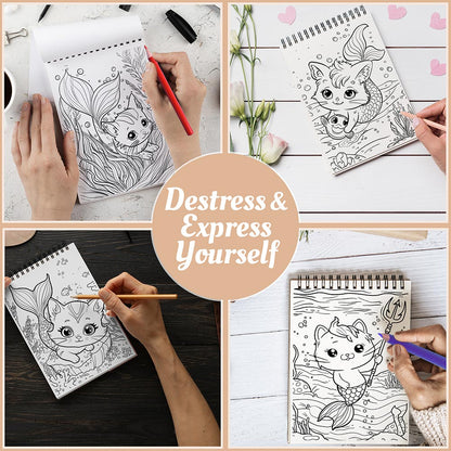 Netecom Mermaid Cat Coloring Book Spiral Bound for Adults, A5 Wooden Cover, 30 Adorable Coloring Pages of Magical Creatures for Stress Relief and Relaxation