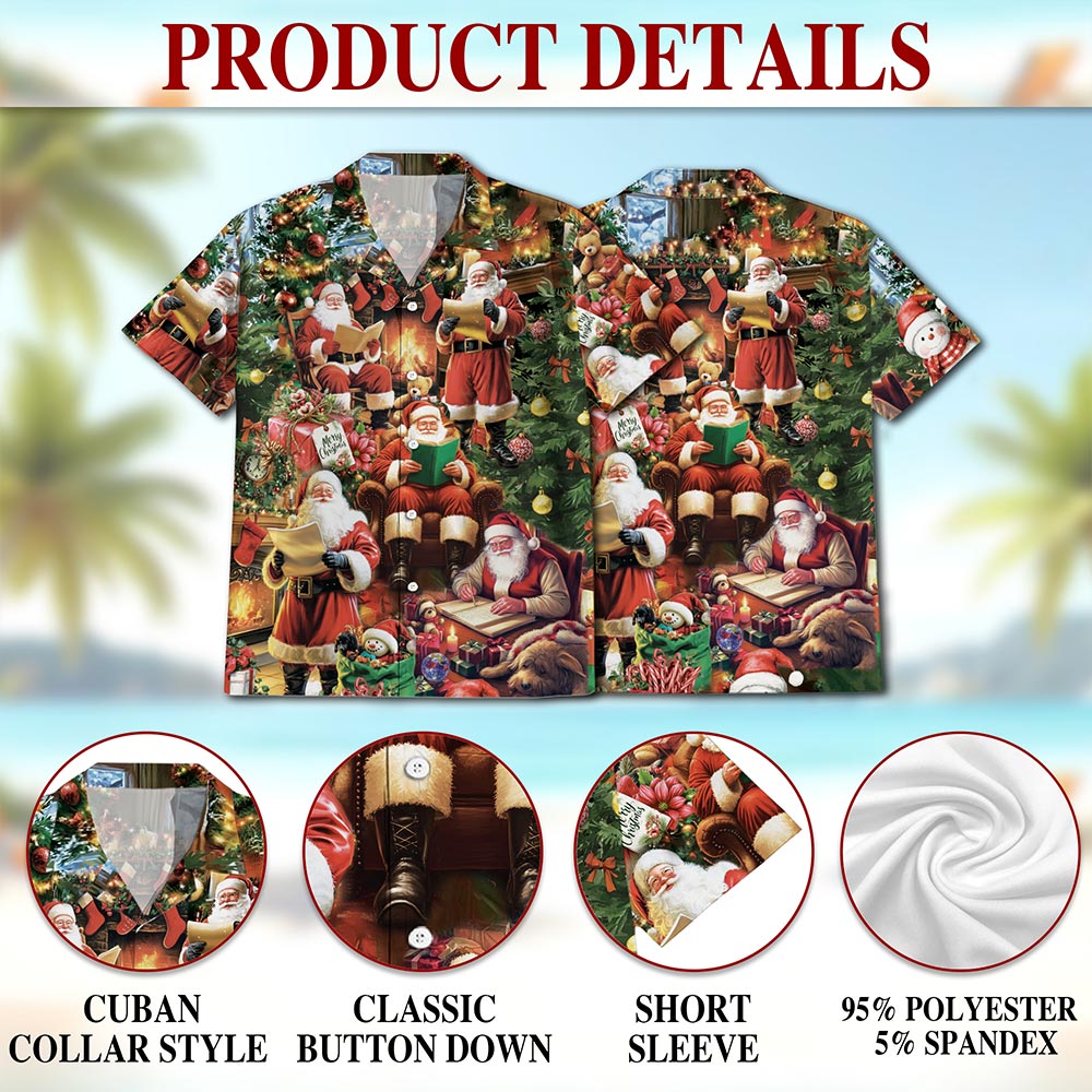 Netecom Santa Claus Reading Book Christmas Hawaiian Shirt for Men, Festive Holiday Button Down Summer Beach Shirt, S-5XL