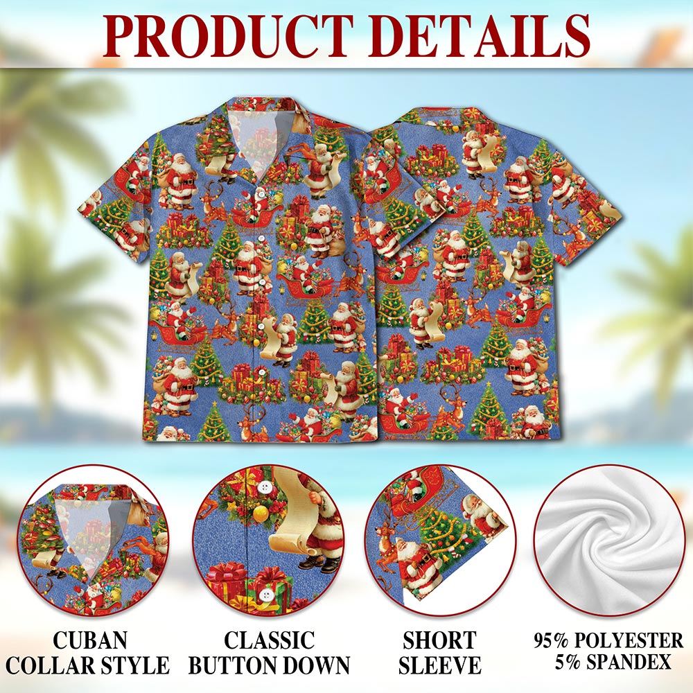 Netecom Santa Claus Christmas Night Hawaiian Shirt, Vintage Xmas Tree Gift Print Button Down Summer Beach Shirts, S-5XL