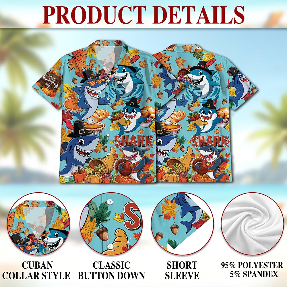 Netecom Shark Thanksgiving Hawaiian Shirt for Men, Happy Turkey Day Button Down Summer Beach Short Sleeve Shirts, S-5XL