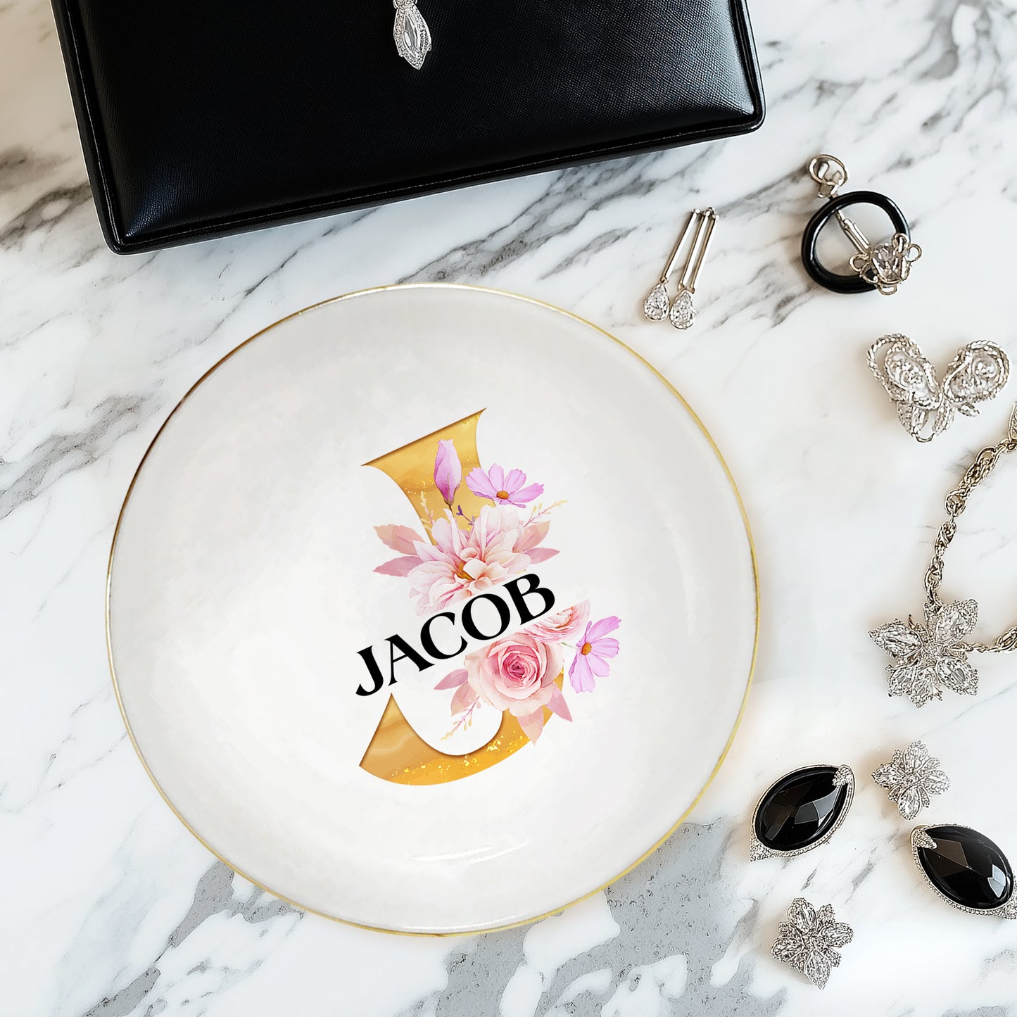 Netecom Customizable Jewelry Tray with Initials and Floral Design, Personalized Ceramic Tray for Home Decor or Family Gifts