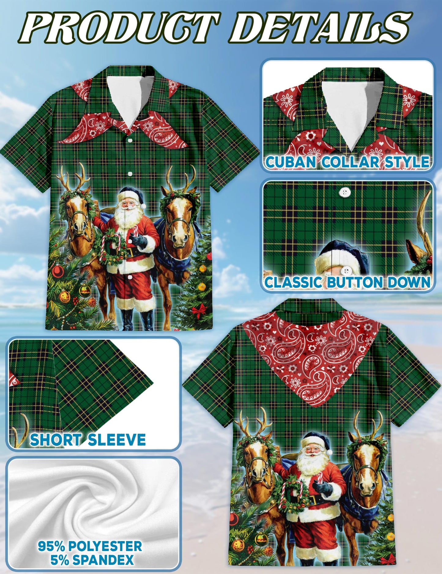 Netecom Santa Claus Cowboy Christmas Plaid Pattern Hawaiian Shirt, Western Christmas Reindeer Wreath Button Down Shirt, S-5XL