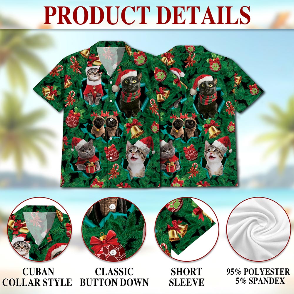 Netecom Christmas Cats Hawaiian Shirt for Men, Cute Kitten Holiday Print Button Down Summer Beach Short Sleeve Shirt, S-5XL