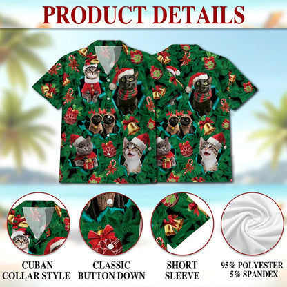 Netecom Christmas Cats Hawaiian Shirt for Men, Cute Kitten Holiday Print Button Down Summer Beach Short Sleeve Shirt, S-5XL