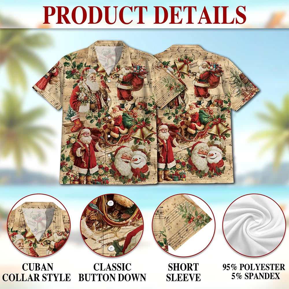 Netecom Vintage Santa Claus Christmas Hawaiian Shirt, Musical Holiday Button Down Summer Beach Short Sleeve Shirt, S-5XL