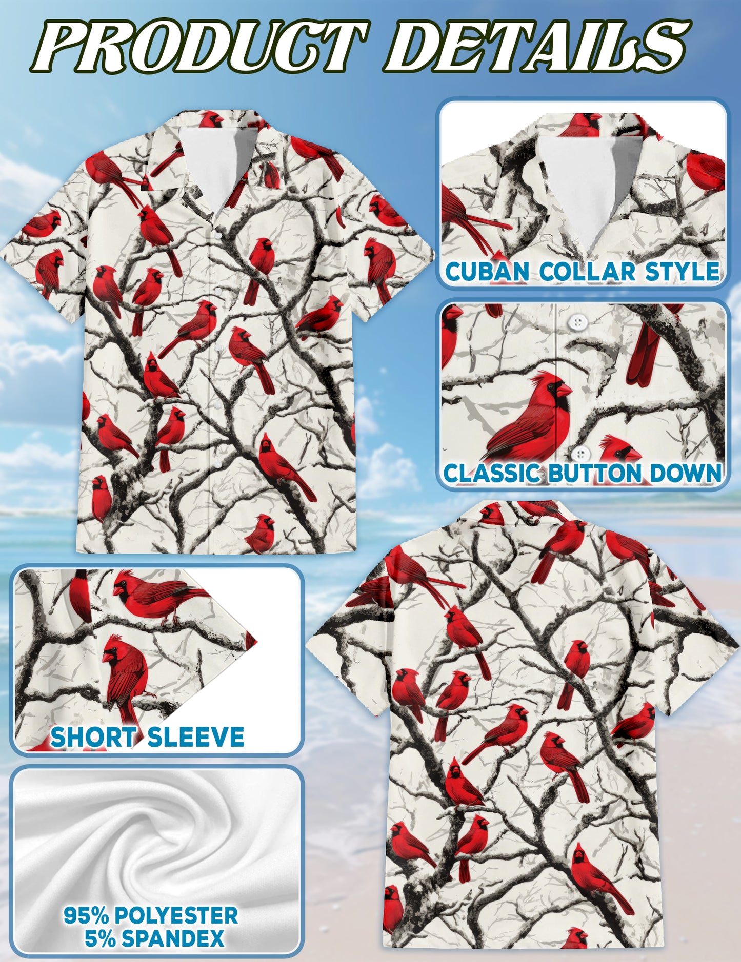 Netecom Red Cardinal Bird Christmas Hawaiian Shirt, Vibrant Bird Winter on Branches Button Down Shirt