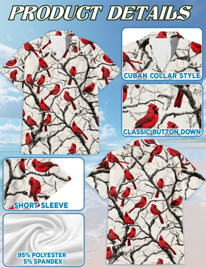 Netecom Red Cardinal Bird Christmas Hawaiian Shirt, Vibrant Bird Winter on Branches Button Down Shirt