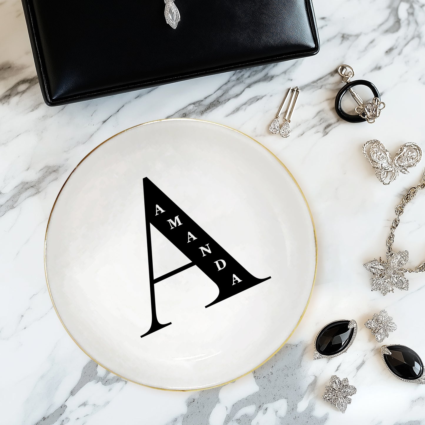 Netecom Personalized Jewelry Tray with Initials, Floral Design, Custom Ceramic Tray for Family Gifts or Special Celebrations