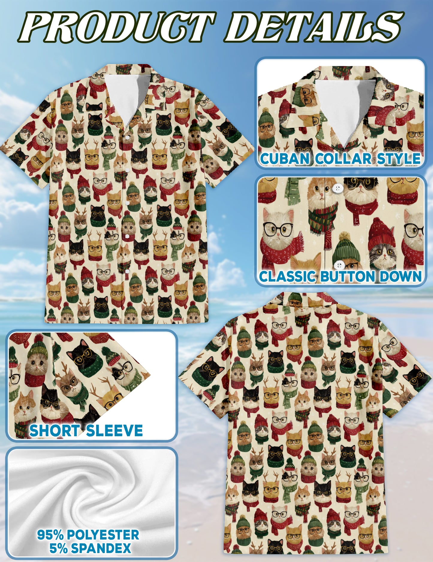 Netecom Christmas Cat Pattern Hawaiian Shirt, Cute Kitten in Glasses and Scarves Button Down Winter Holiday Beach Shirt