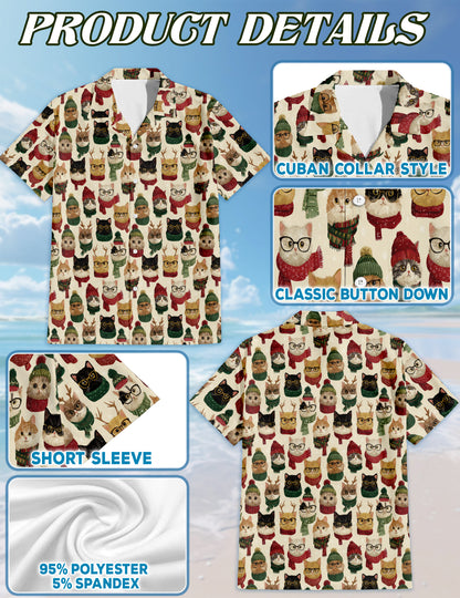 Netecom Christmas Cat Pattern Hawaiian Shirt, Cute Kitten in Glasses and Scarves Button Down Winter Holiday Beach Shirt