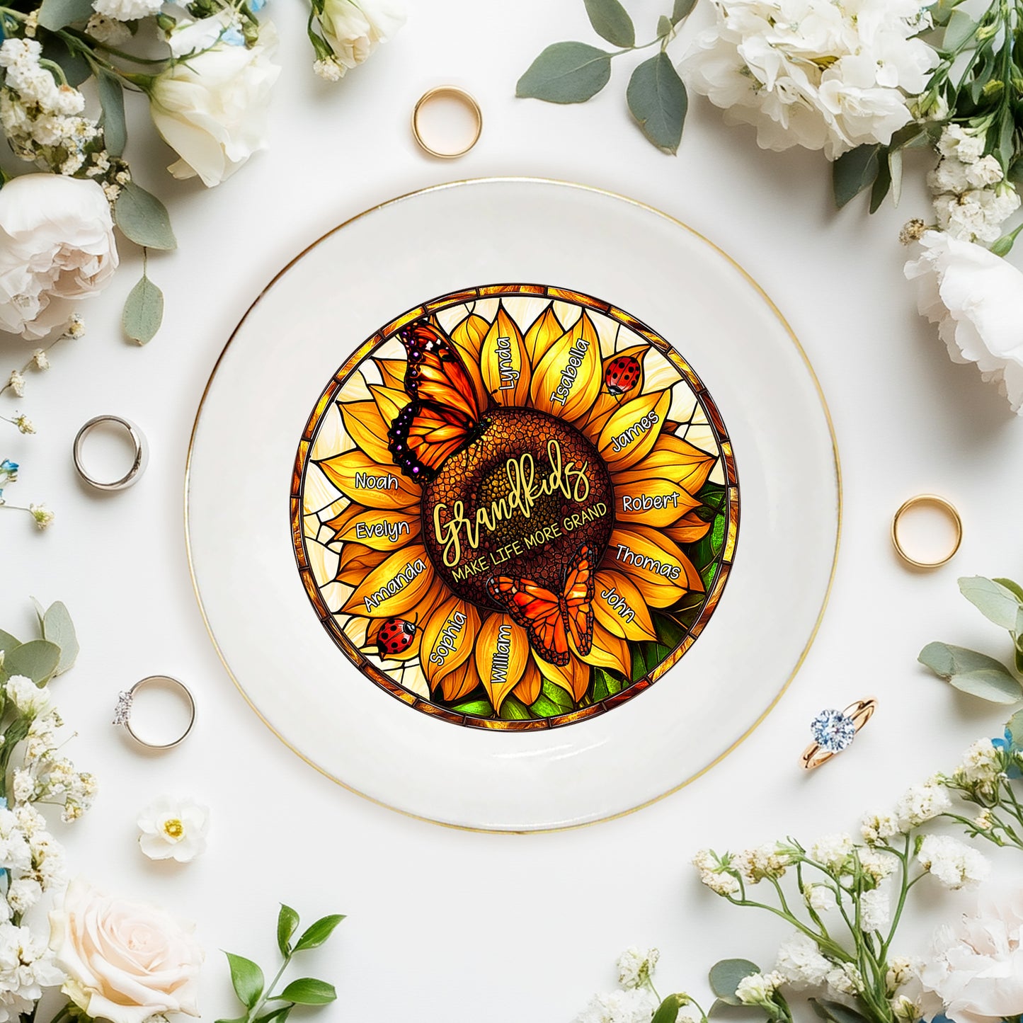 Netecom Personalized Grandma’s Garden Jewelry Tray , Custom Birth Month Flower Ring Dish , Names Ceramic Keepsake for Mother's Day & Christmas