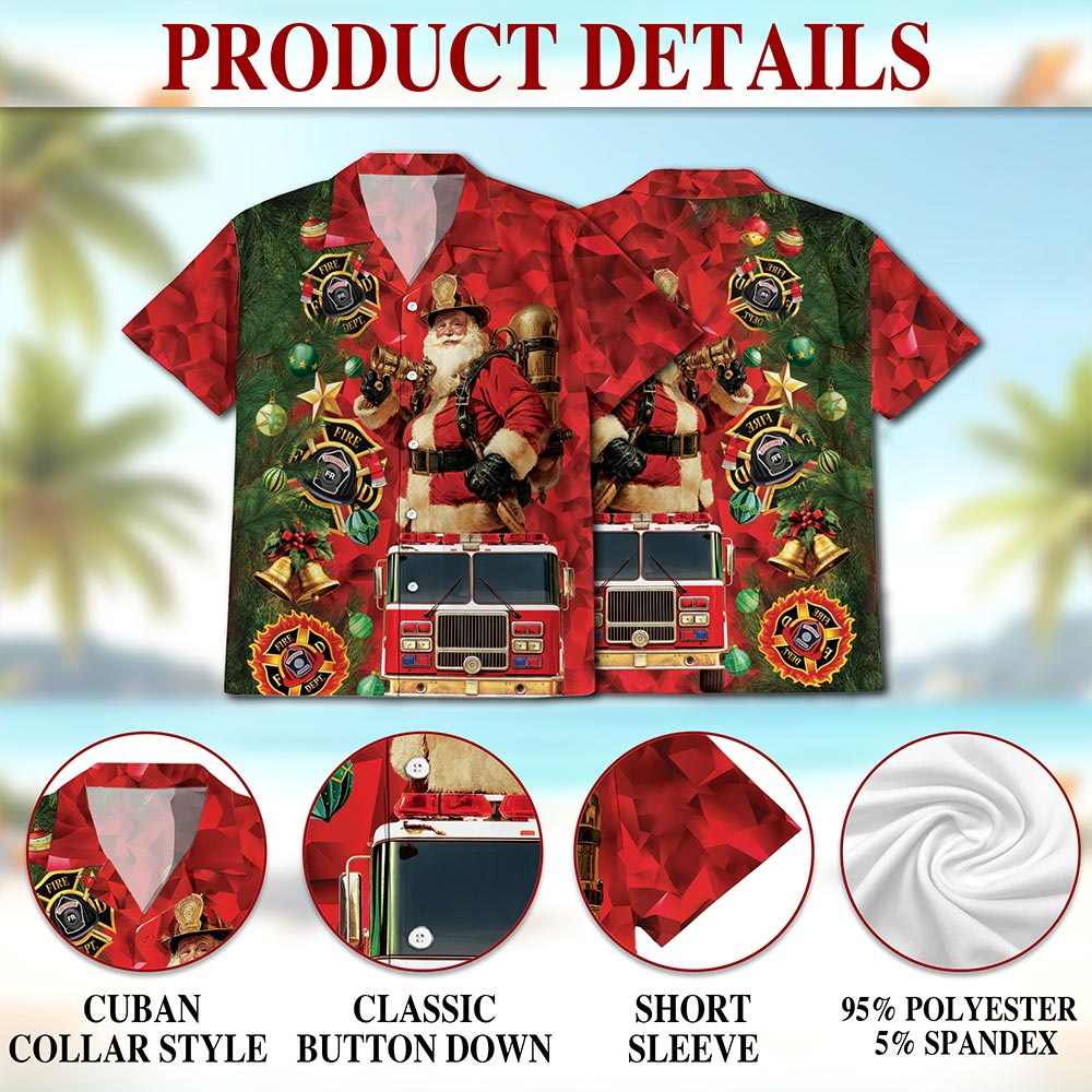 Netecom Firefighter Santa Claus Christmas Hawaiian Shirt for Men, Fire Truck Holiday Button Down Summer Beach Shirt, S-5XL