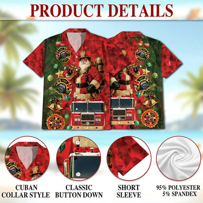 Netecom Firefighter Santa Claus Christmas Hawaiian Shirt for Men, Fire Truck Holiday Button Down Summer Beach Shirt, S-5XL