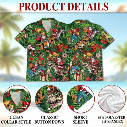 Netecom Santa Claus Riding Dinosaur Christmas Hawaiian Shirt, Funny T-Rex Holiday Button Down Summer Beach Shirt, S-5XL
