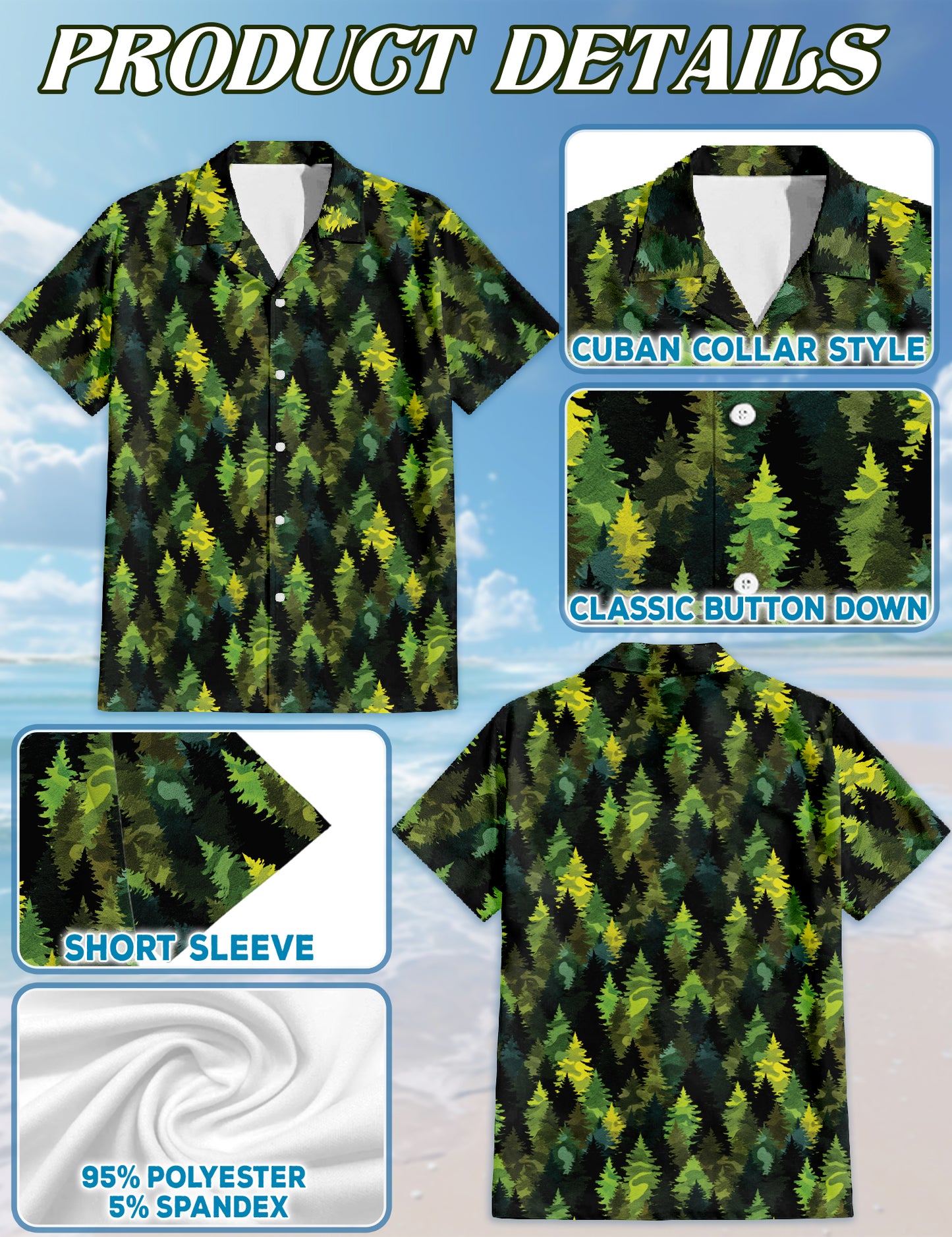 Netecom Camouflage Pine Tree Hawaiian Shirt, Forest Green Woodland Pattern Button Down Short Sleeve Shirt