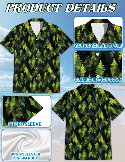 Netecom Camouflage Pine Tree Hawaiian Shirt, Forest Green Woodland Pattern Button Down Short Sleeve Shirt