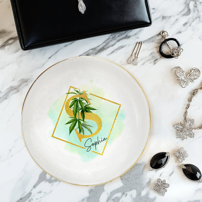 Netecom Custom Cannabis Jewelry Tray with Initials, Personalized Ceramic Tray with Gold Cannabis Design for Gifts or Home Decor
