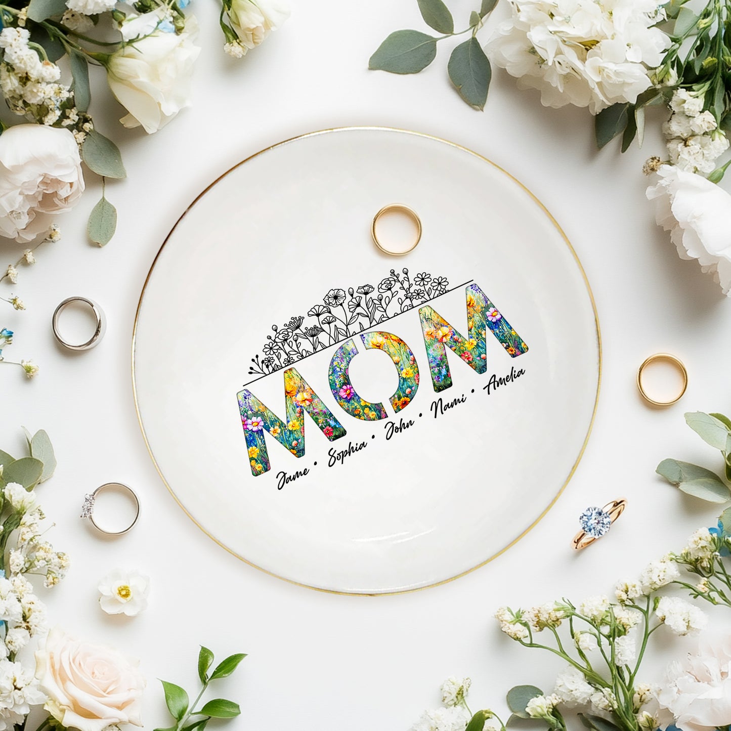 Netecom Personalized Floral "MOM" Ceramic Ring Dish , Custom Names Jewelry Tray , Elegant Mother’s Day Gift for Mom & Grandma