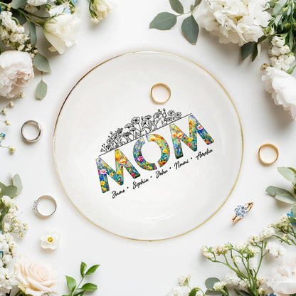 Netecom Personalized Floral "MOM" Ceramic Ring Dish , Custom Names Jewelry Tray , Elegant Mother’s Day Gift for Mom & Grandma