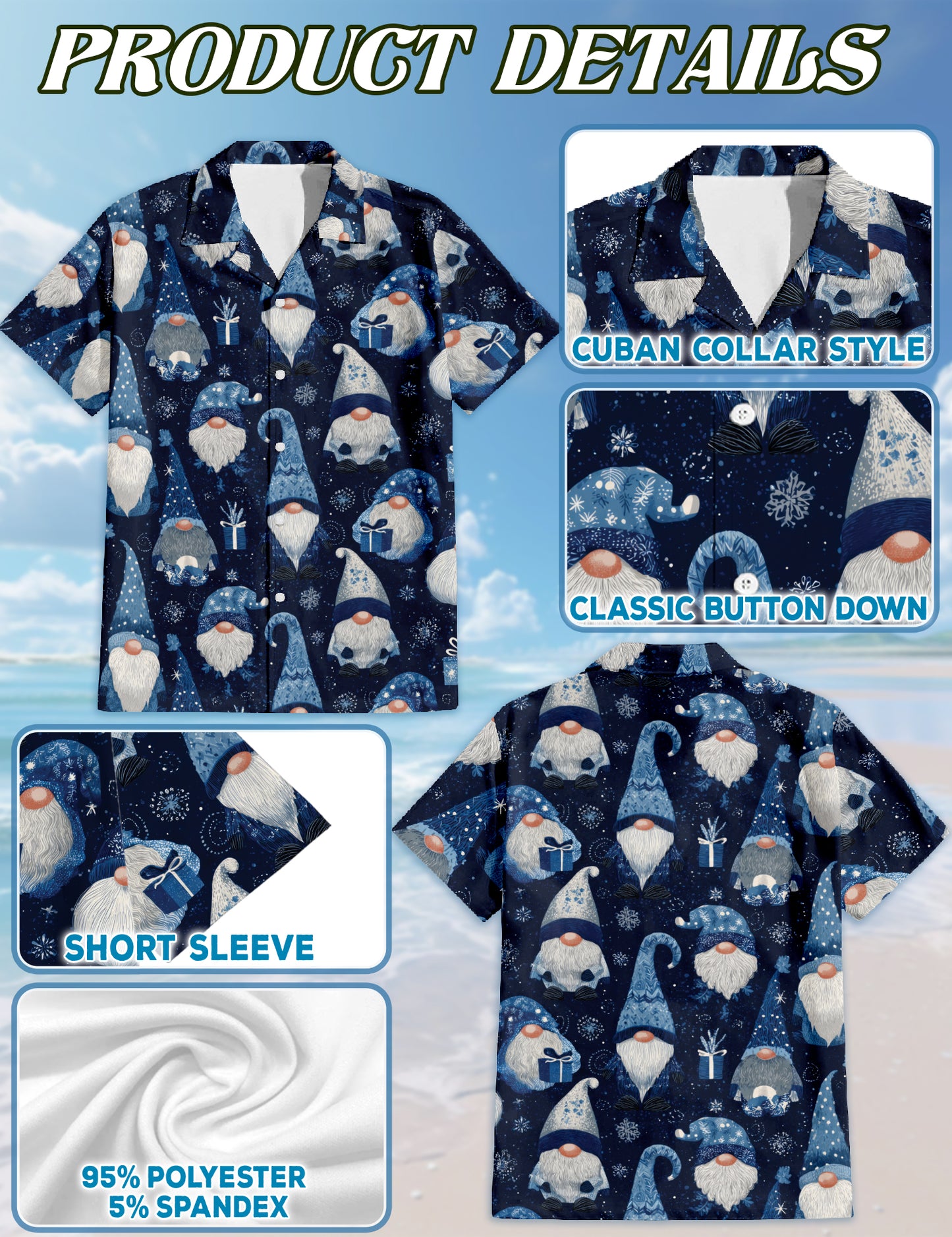 Netecom Blue Snow Gnomes Pattern Hawaiian Shirt for Men, Vintage Christmas Holiday Aloha Button Down Short Sleeve Shirt
