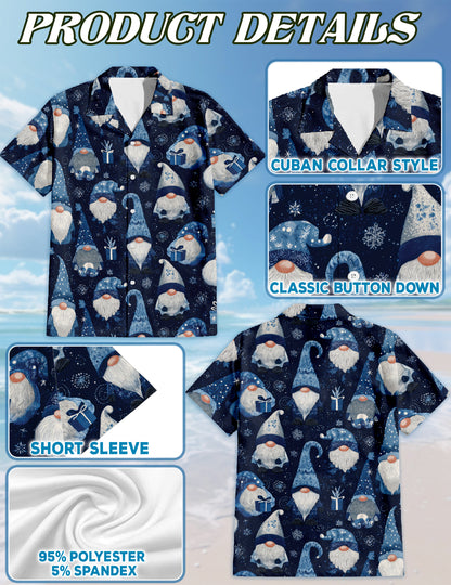 Netecom Blue Snow Gnomes Pattern Hawaiian Shirt for Men, Vintage Christmas Holiday Aloha Button Down Short Sleeve Shirt