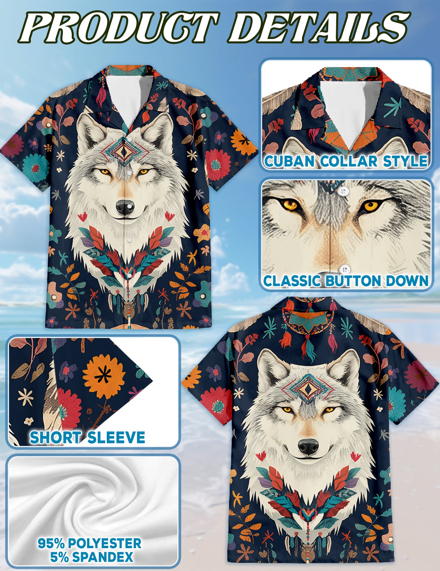Netecom Wolf Art Hawaiian Shirt for Men, Wolf Lover Gifts, Wild Vintage Button Down Summer Beach Shirts