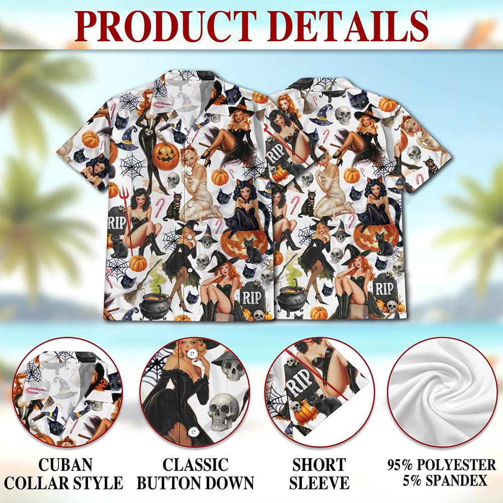 Netecom Pinup Girls Hawaiian Shirt, Pumpkin Skull Halloween Button Down Summer Beach Short Sleeve Shirts, S-5XL