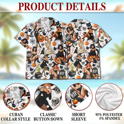 Netecom Pinup Girls Hawaiian Shirt, Pumpkin Skull Halloween Button Down Summer Beach Short Sleeve Shirts, S-5XL
