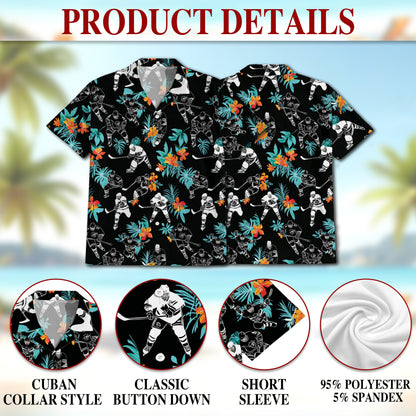 Netecom Ice Hockey Player Black Tropical Flower Hawaiian Shirt for Men, Button Down Summer Beach Short Sleeve, S-5XL