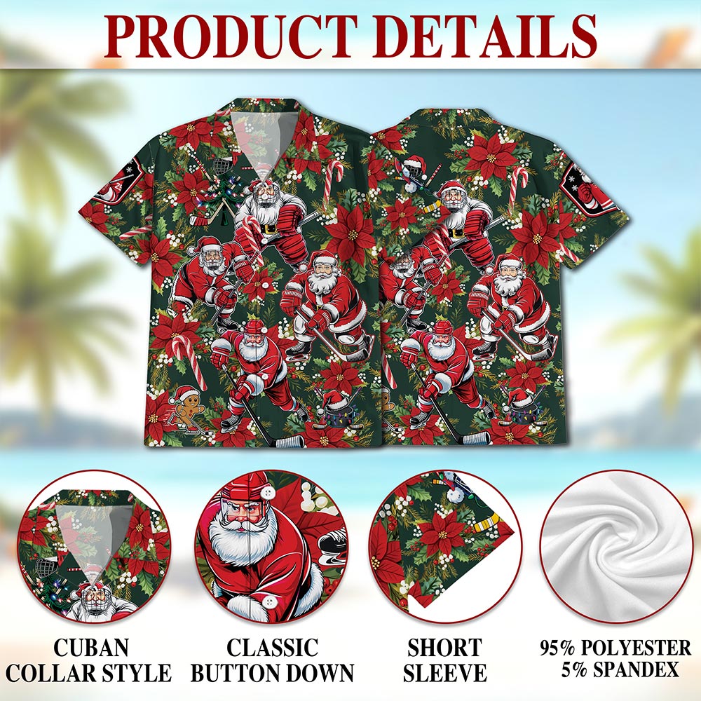 Netecom Santa Claus Hockey Hawaiian Shirt for Men, Funny Christmas Sports Aloha Button Down Summer Beach Shirt, S-5XL