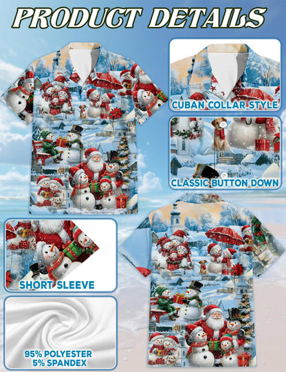 Netecom Snowman and Santa Claus Christmas Hawaiian Shirt, Winter Holiday Village Print Button Down Summer Beach Shirt, S-5XL