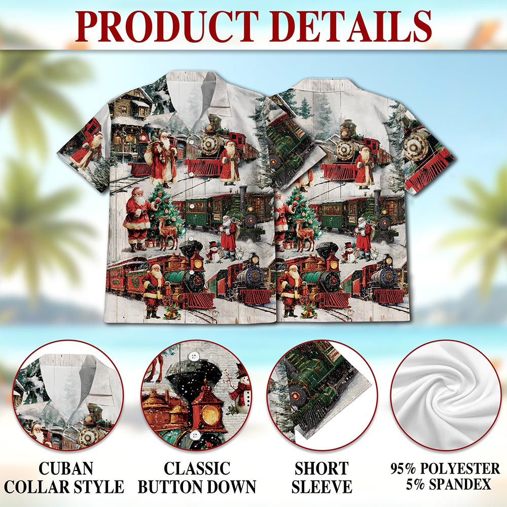 Netecom Vintage Christmas Train Hawaiian Shirt, Old-Fashioned Holiday Santa Button Down Summer Beach Short Sleeve Shirt, S-5XL