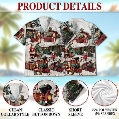 Netecom Vintage Christmas Train Hawaiian Shirt, Old-Fashioned Holiday Santa Button Down Summer Beach Short Sleeve Shirt, S-5XL