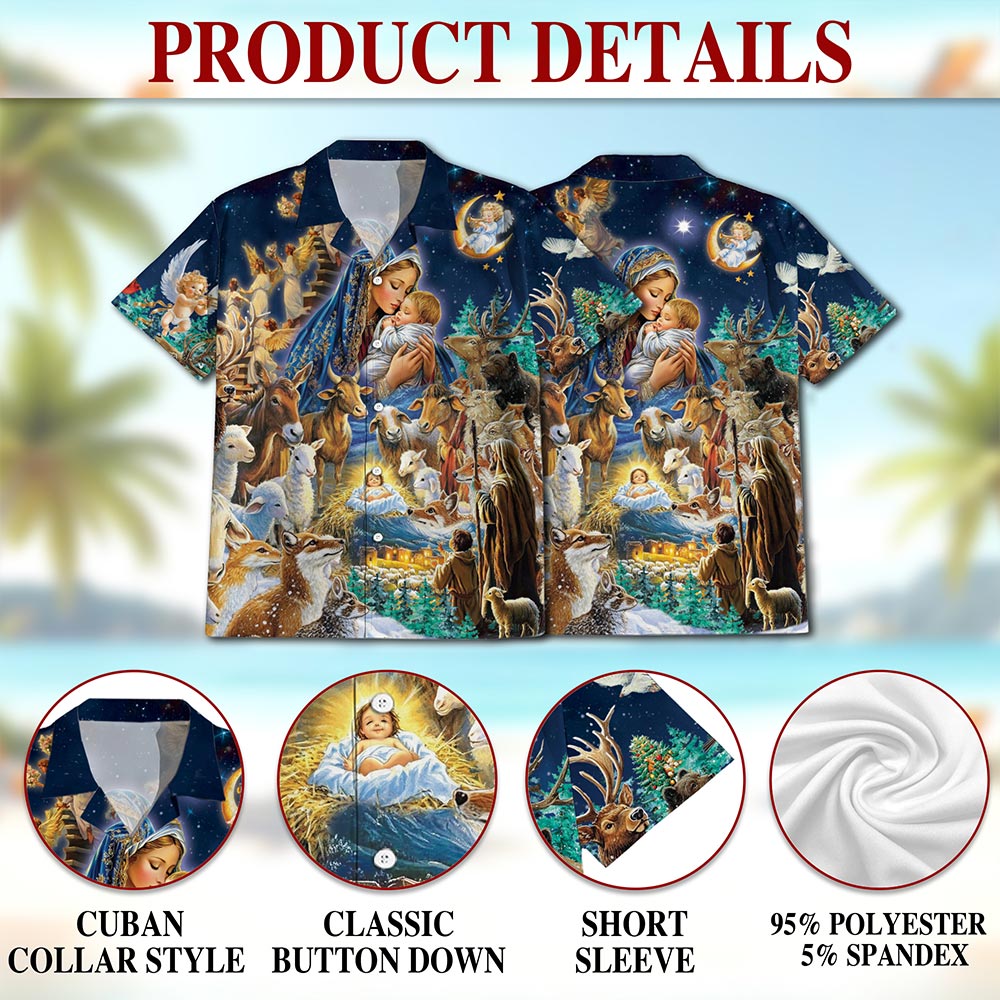 Netecom Nativity Scene Hawaiian Shirt, Holy Family Christian Christmas Button Down Summer Beach Short Sleeve Shirt, S-5XL